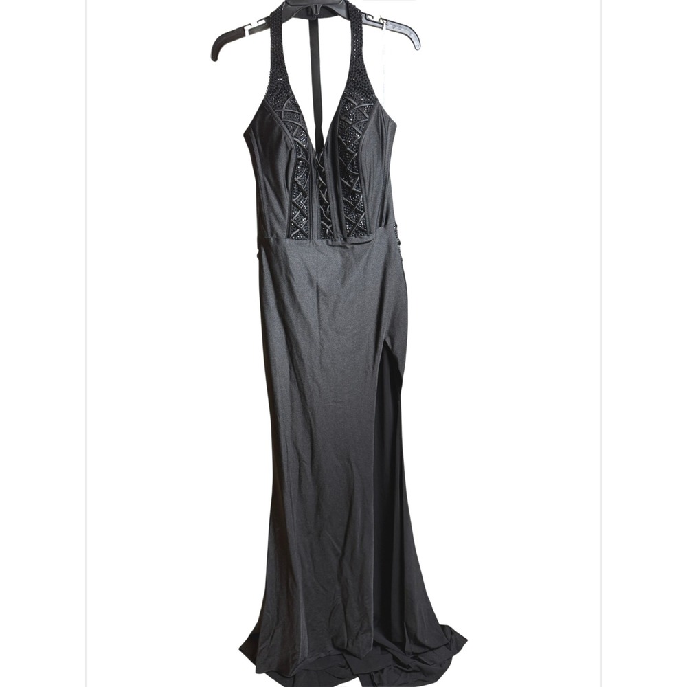 Jovani Black Halter Neck Beaded High Slit Prom Evening Gown Size 8 - Picture 5 of 14